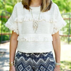 J. Crew Ivory Fringe Knit Sweater Shirt Womens S Short Sleeve Top